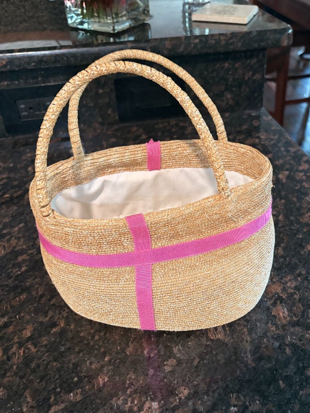 Peter Beaton Nantucket Woven Straw Basket Tote Pink Ribbon
